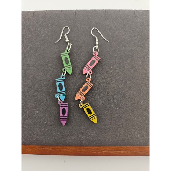 Crayon Link Dangle Drop Earring Colorful Eclectic Whimsical Teacher Art Creative - Picture 2 of 3